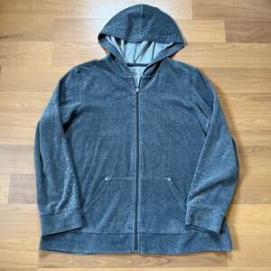 Women's Y2k Gray Velour Bedazzled Lightweight Zip Up Hoodie Sweatshirt Sz XL